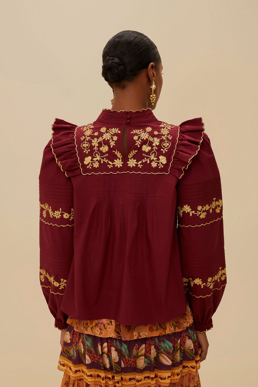 FARM Rio Burgundy Golden Embroidered Organic Cotton Blouse