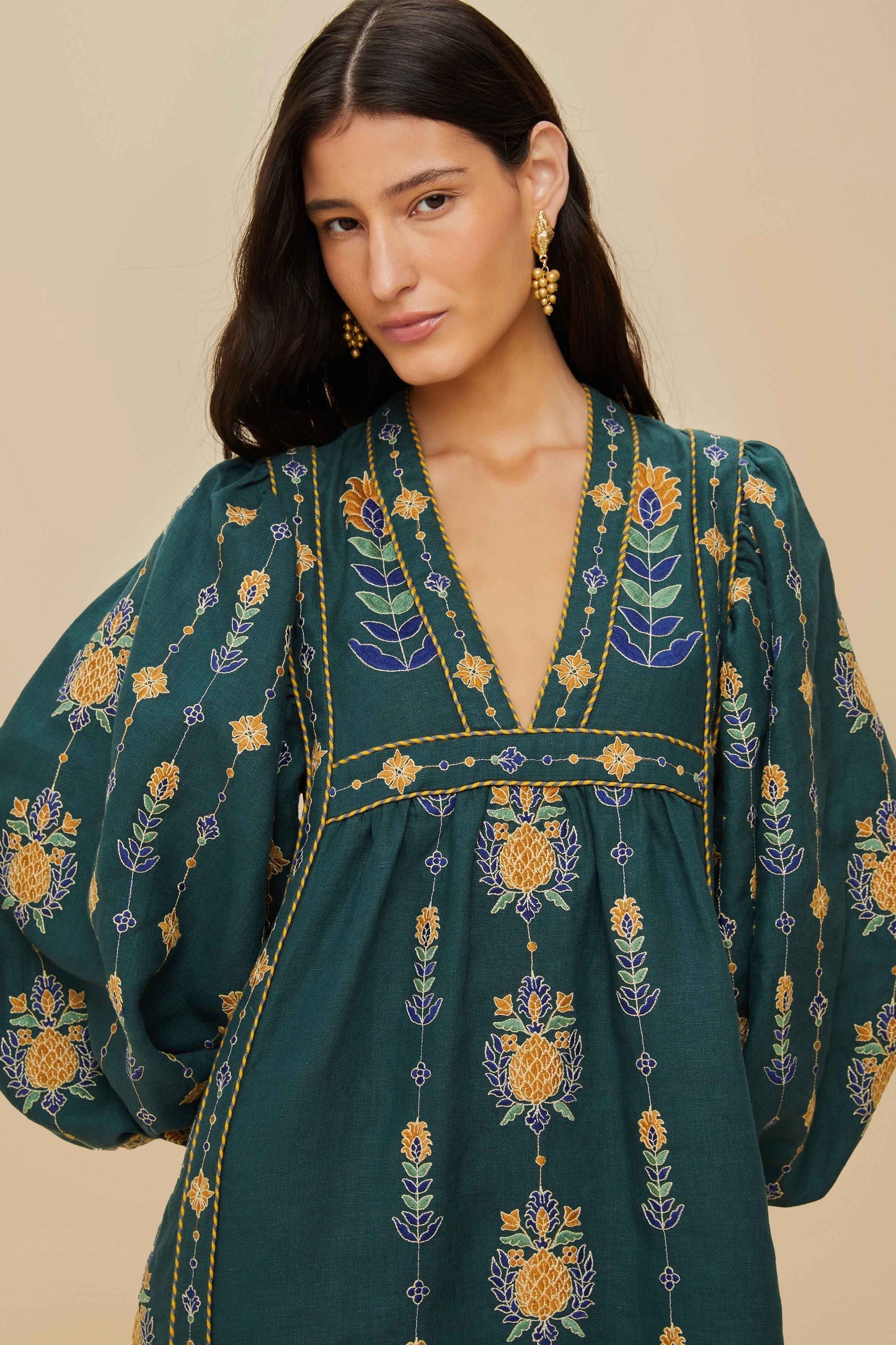 FARM Rio Green Pineapple Embroidered Euroflax™ Premium Linen Tunic Maxi Dress