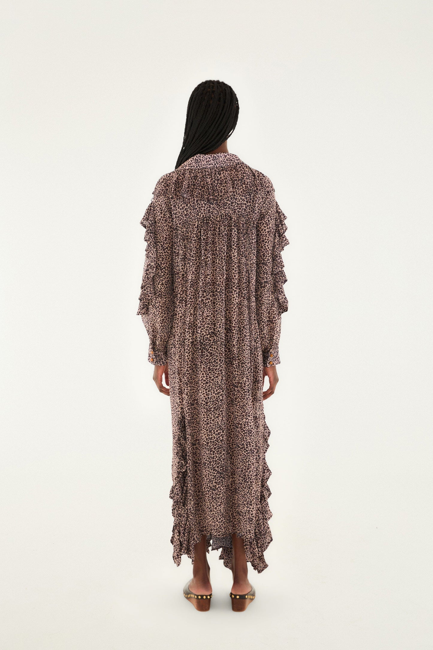 FARM Rio Pink Baby Leopard Long Sleeve Angled Frill Maxi Dress | FARM Rio