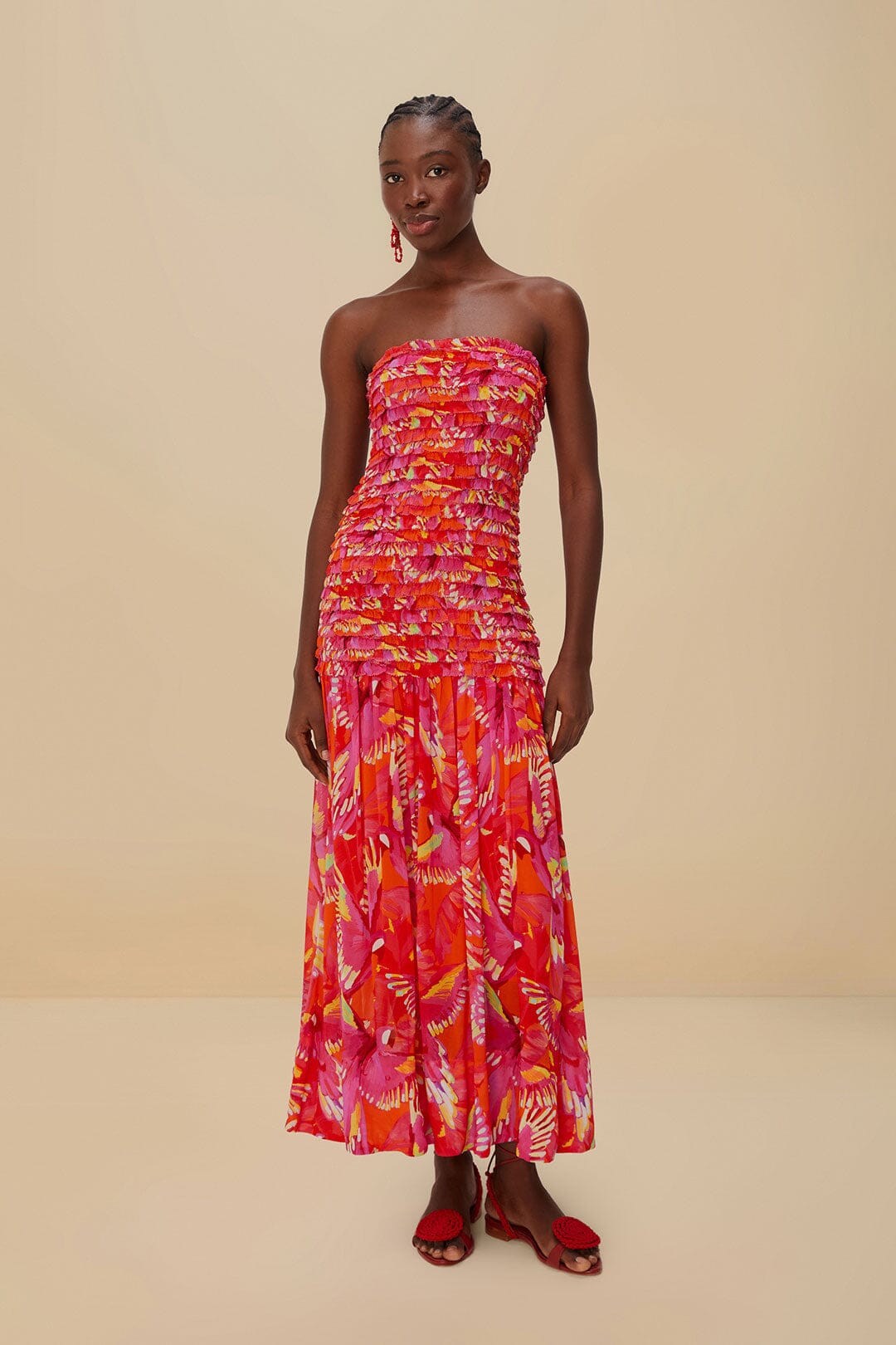 FARM Rio Orange Flying Birds Strapless Midi Dress
