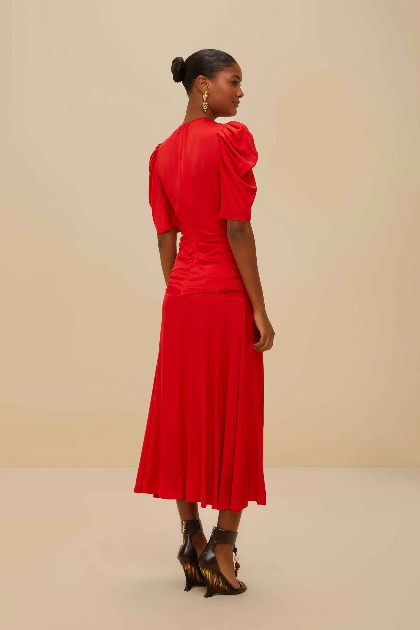 FARM Rio Red Gathered Midi Dress