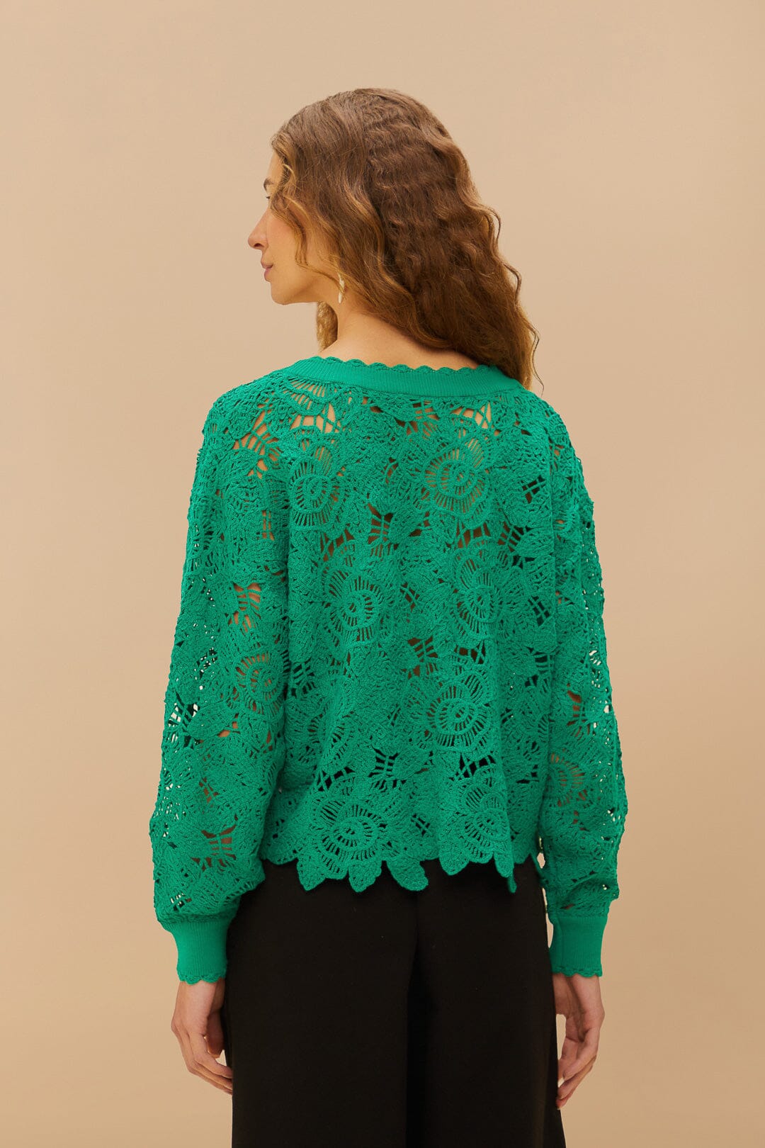 FARM Rio Green Flower Crochet Cardigan