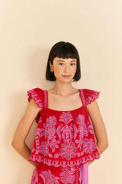 FARM Rio Red Palm Tree Richelieu Blouse