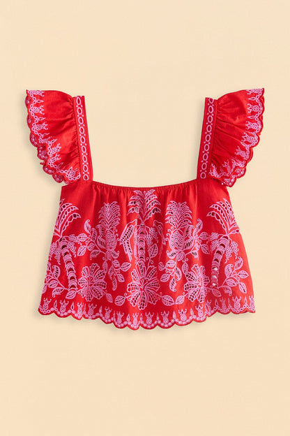 FARM Rio Red Palm Tree Richelieu Blouse