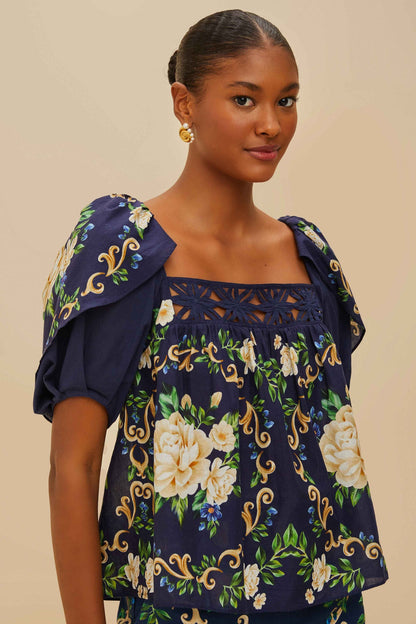 FARM Rio Blue Flower Tapestry Yoke Blouse