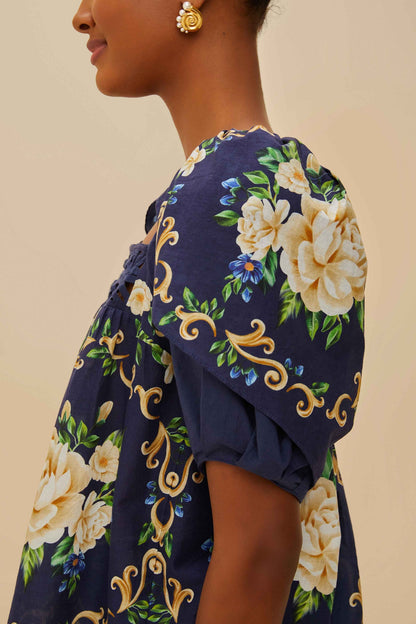 FARM Rio Blue Flower Tapestry Yoke Blouse