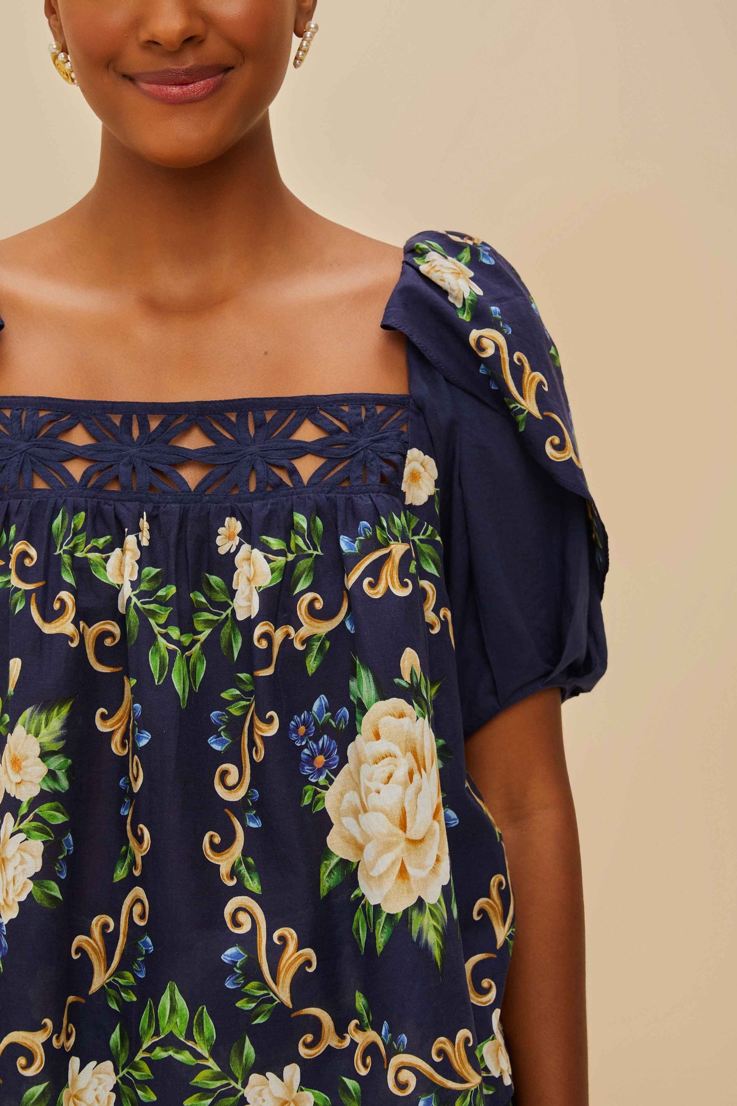 FARM Rio Blue Flower Tapestry Yoke Blouse
