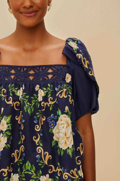 FARM Rio Blue Flower Tapestry Yoke Blouse