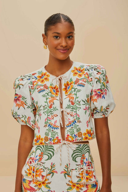 FARM Rio Off-White Delicate Forest Scarves Euroflax™ Premium Linen Blouse