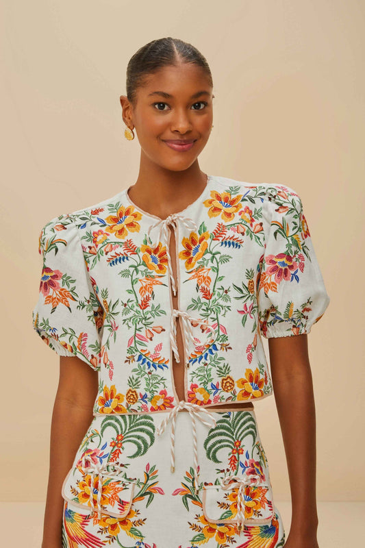 FARM Rio Off-White Delicate Forest Scarves Euroflax™ Premium Linen Blouse