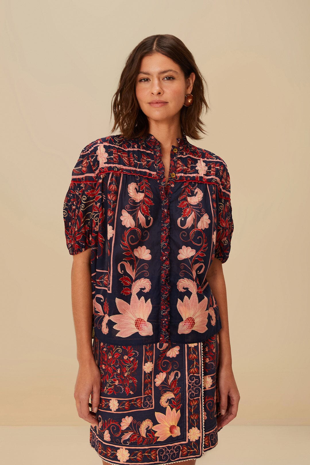 FARM Rio Boho Floral Scarf Navy Blue Blouse