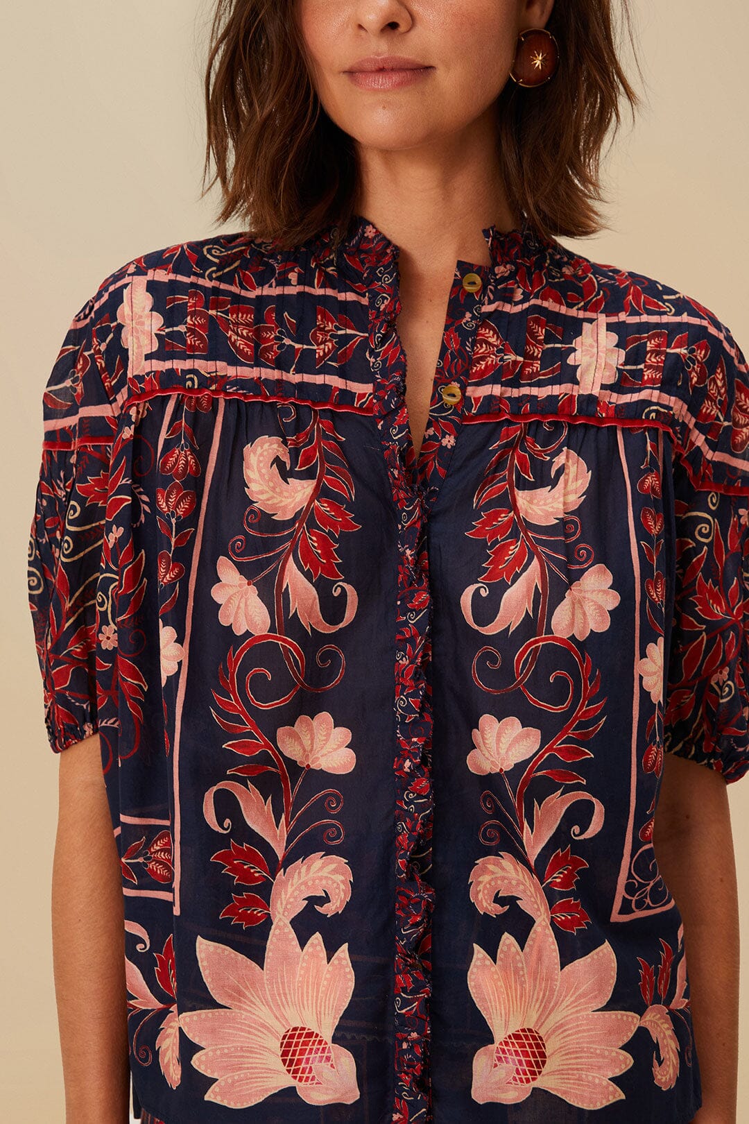 FARM Rio Boho Floral Scarf Navy Blue Blouse
