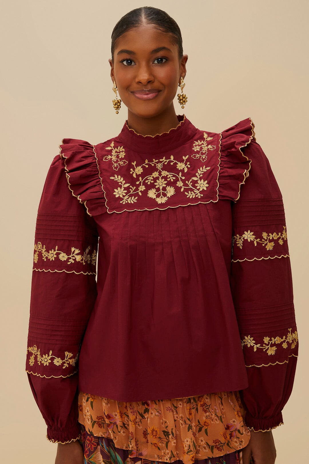 FARM Rio Burgundy Golden Embroidered Organic Cotton Blouse