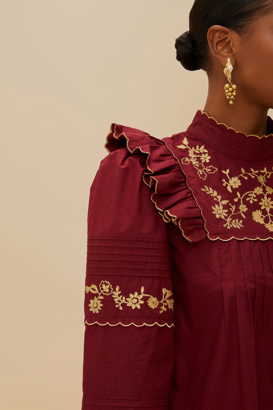 FARM Rio Burgundy Golden Embroidered Organic Cotton Blouse