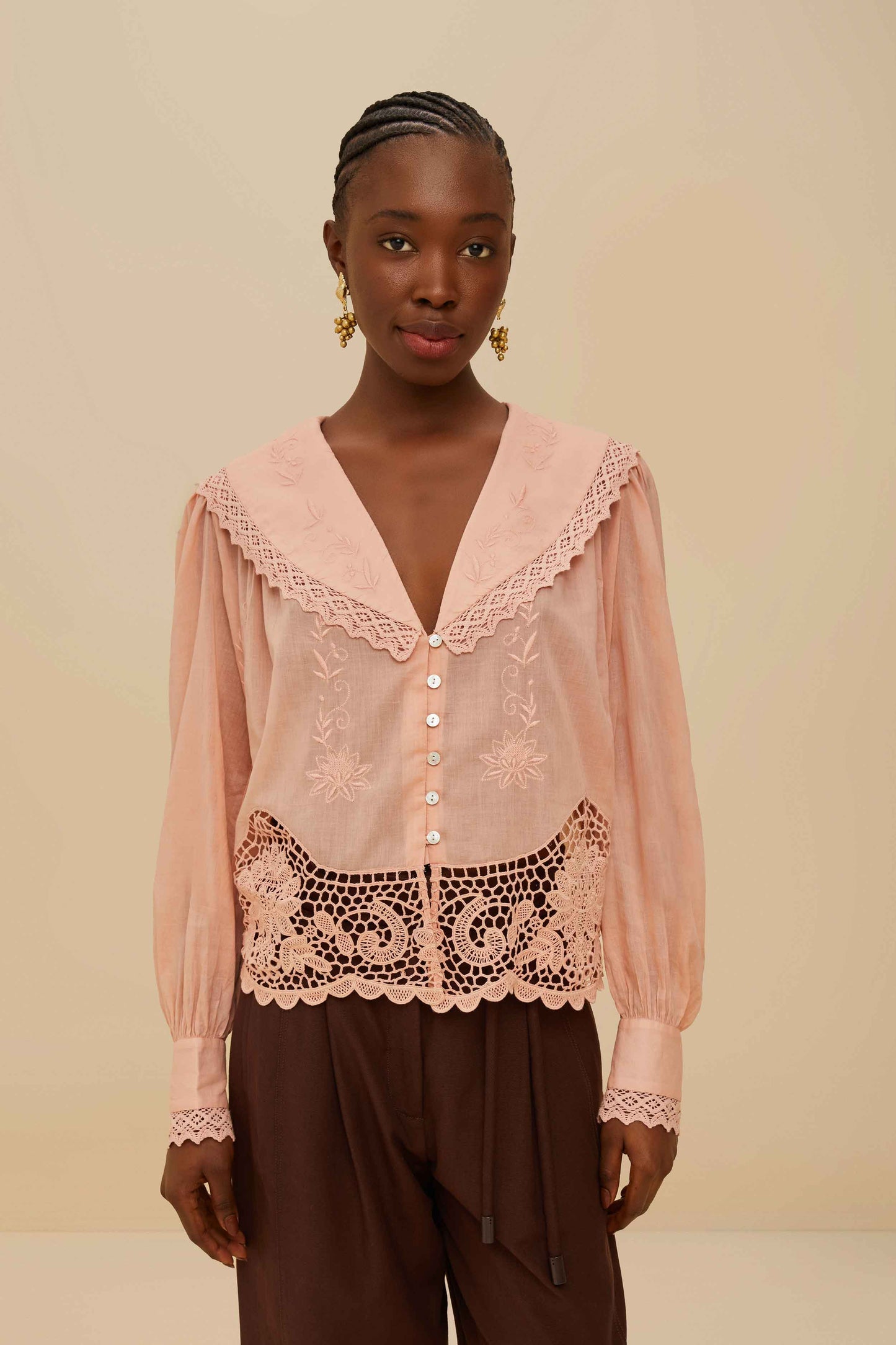 FARM Rio Pink Lacy Long Sleeve Blouse
