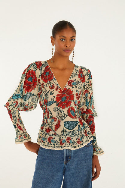 FARM Rio Sand Francesca Long Sleeve Blouse | FARM Rio