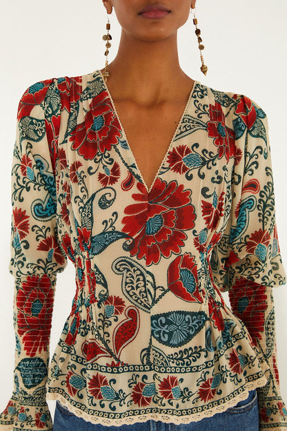 FARM Rio Sand Francesca Long Sleeve Blouse | FARM Rio