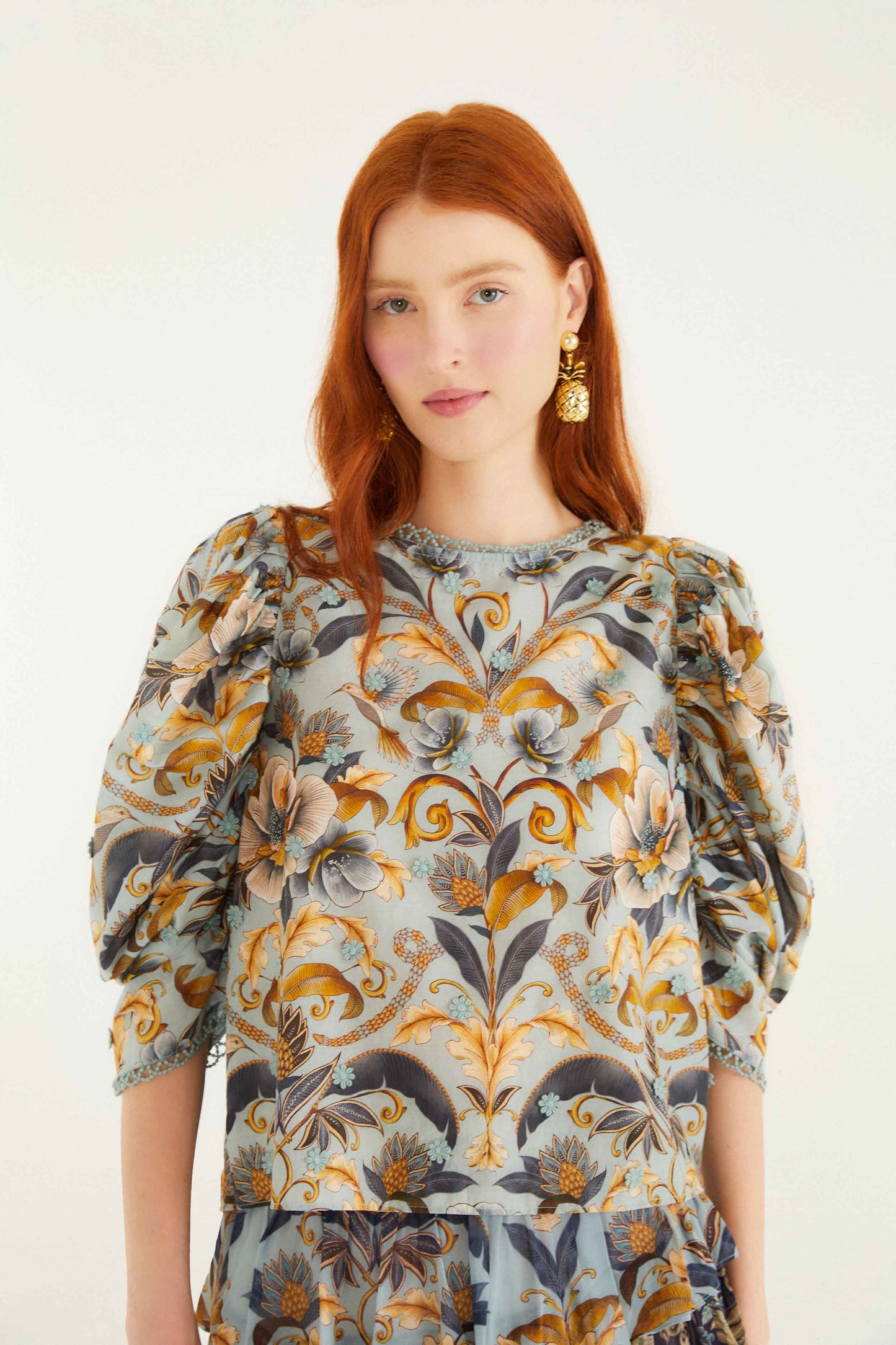 FARM Rio Blue Snake Garden 3d Applique Blouse | FARM Rio