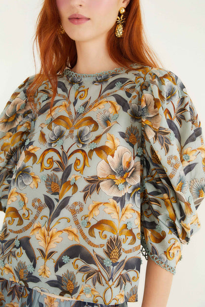 FARM Rio Blue Snake Garden 3d Applique Blouse | FARM Rio