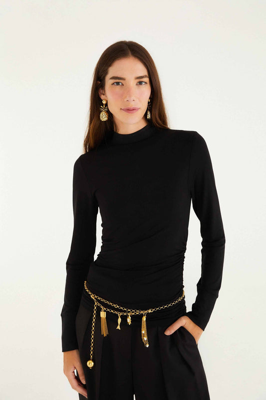 FARM Rio Black Jersey Long Sleeve Blouse | FARM Rio
