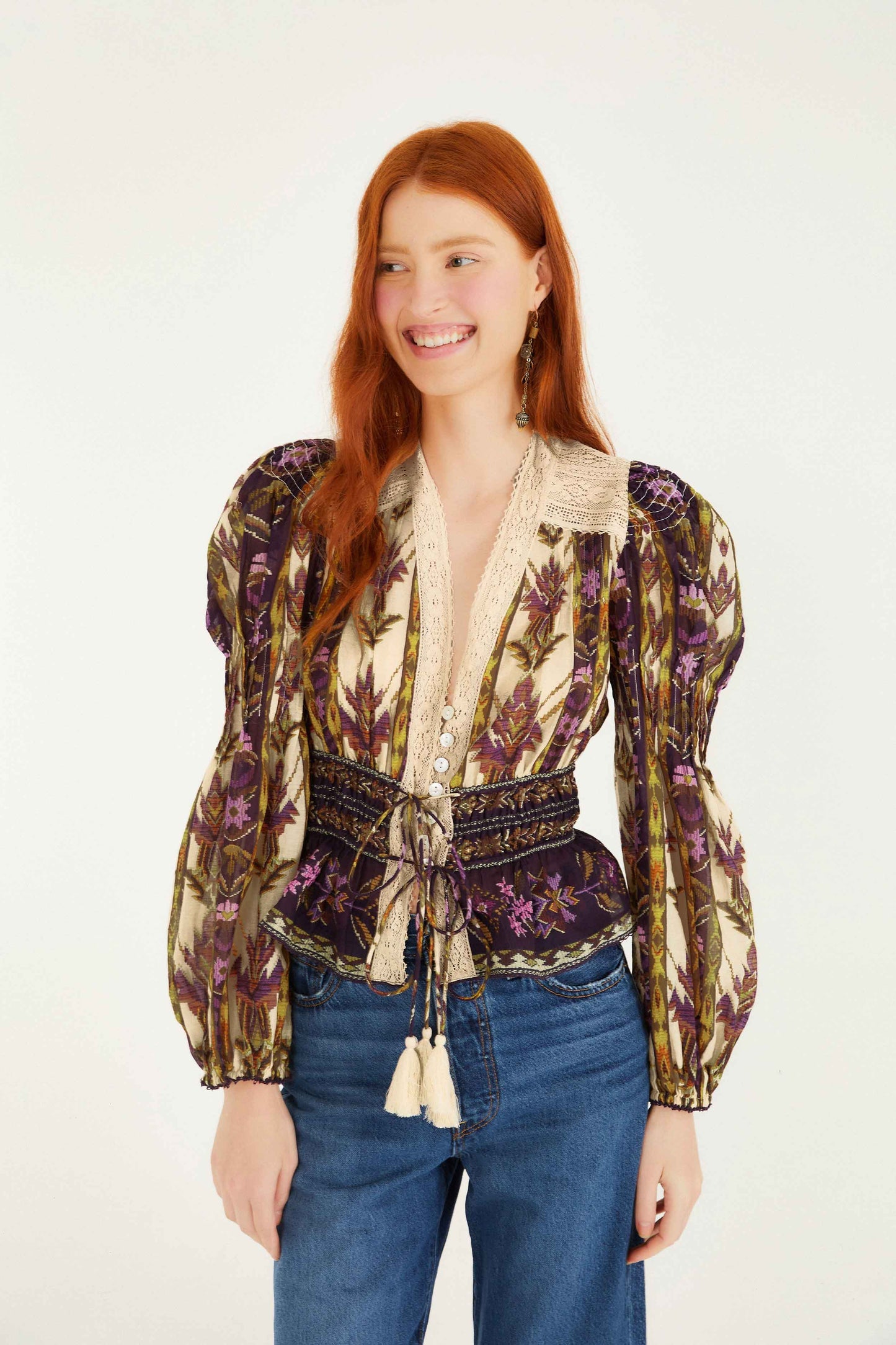 FARM Rio Sand Embroidered Tapestry Long Sleeve Blouse | FARM Rio