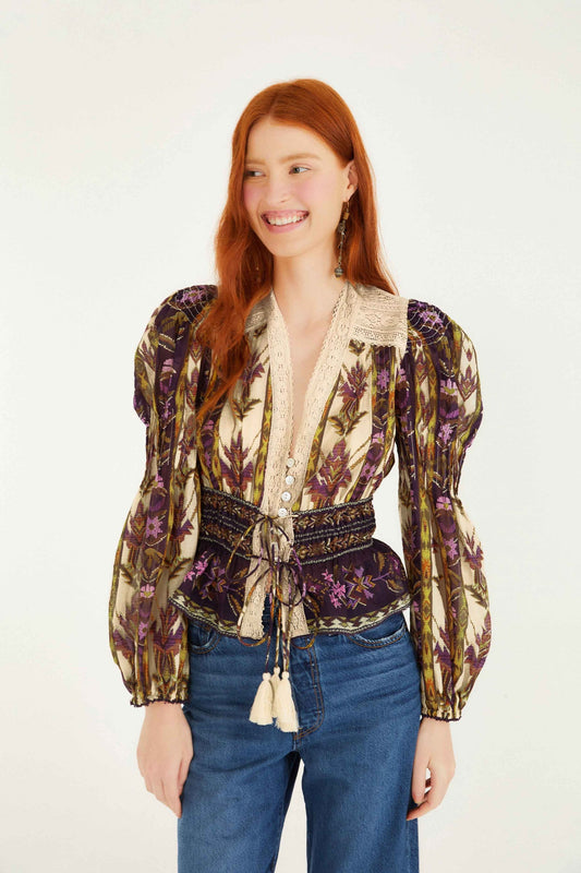 FARM Rio Sand Embroidered Tapestry Long Sleeve Blouse | FARM Rio