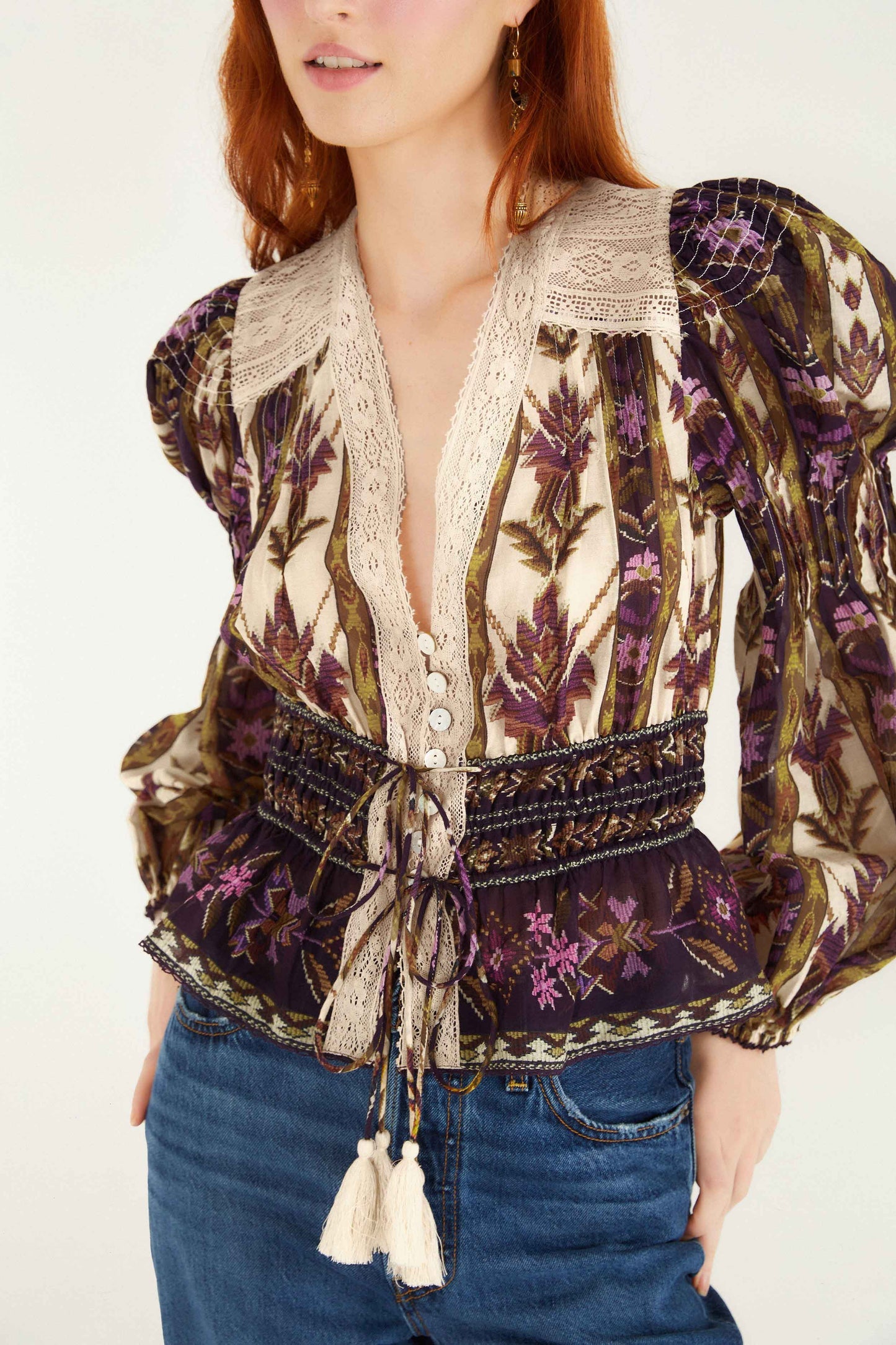 FARM Rio Sand Embroidered Tapestry Long Sleeve Blouse | FARM Rio