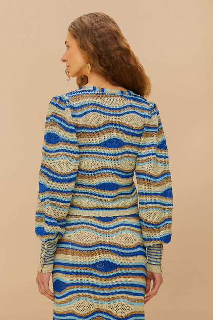 FARM Rio Blue Mixed Waves Knit Blouse