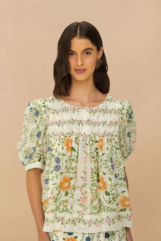 FARM Rio Folk Floral Off-White Scoop Neck Short Sleeve Blouse