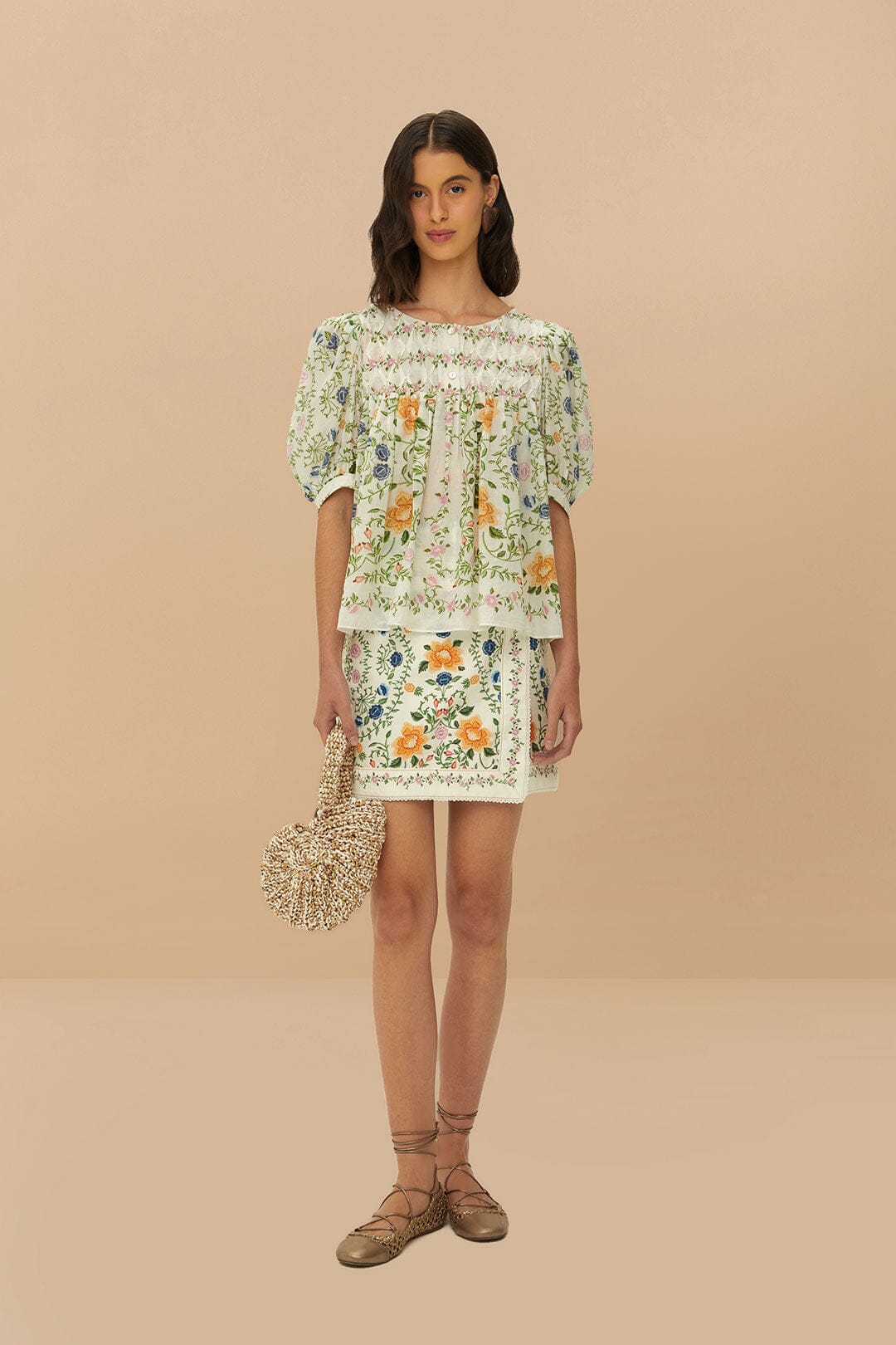 FARM Rio Folk Floral Off-White Scoop Neck Short Sleeve Blouse