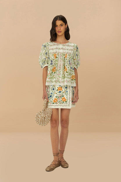 FARM Rio Folk Floral Off-White Scoop Neck Short Sleeve Blouse