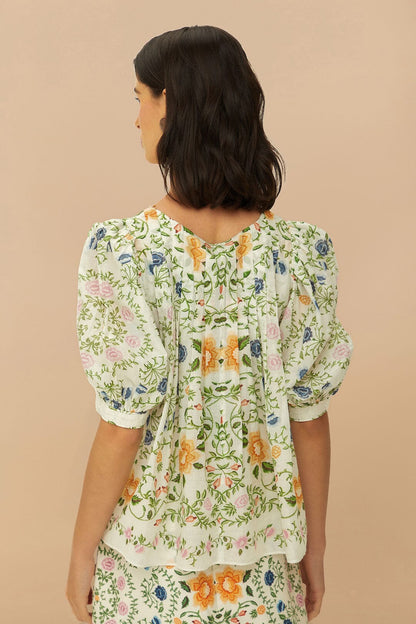 FARM Rio Folk Floral Off-White Scoop Neck Short Sleeve Blouse
