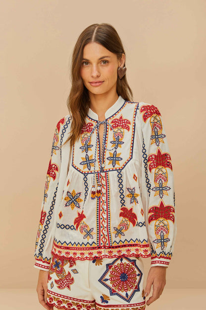 FARM Rio Off-White Marys Tiles Embroidered Blouse