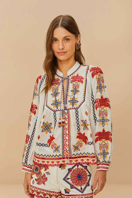 FARM Rio Off-White Marys Tiles Embroidered Blouse