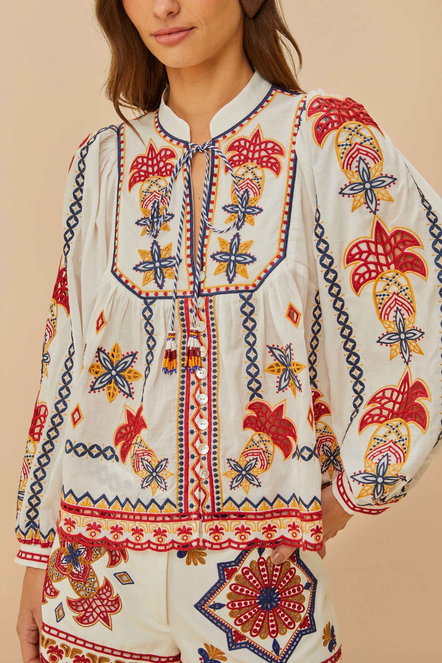 FARM Rio Off-White Marys Tiles Embroidered Blouse