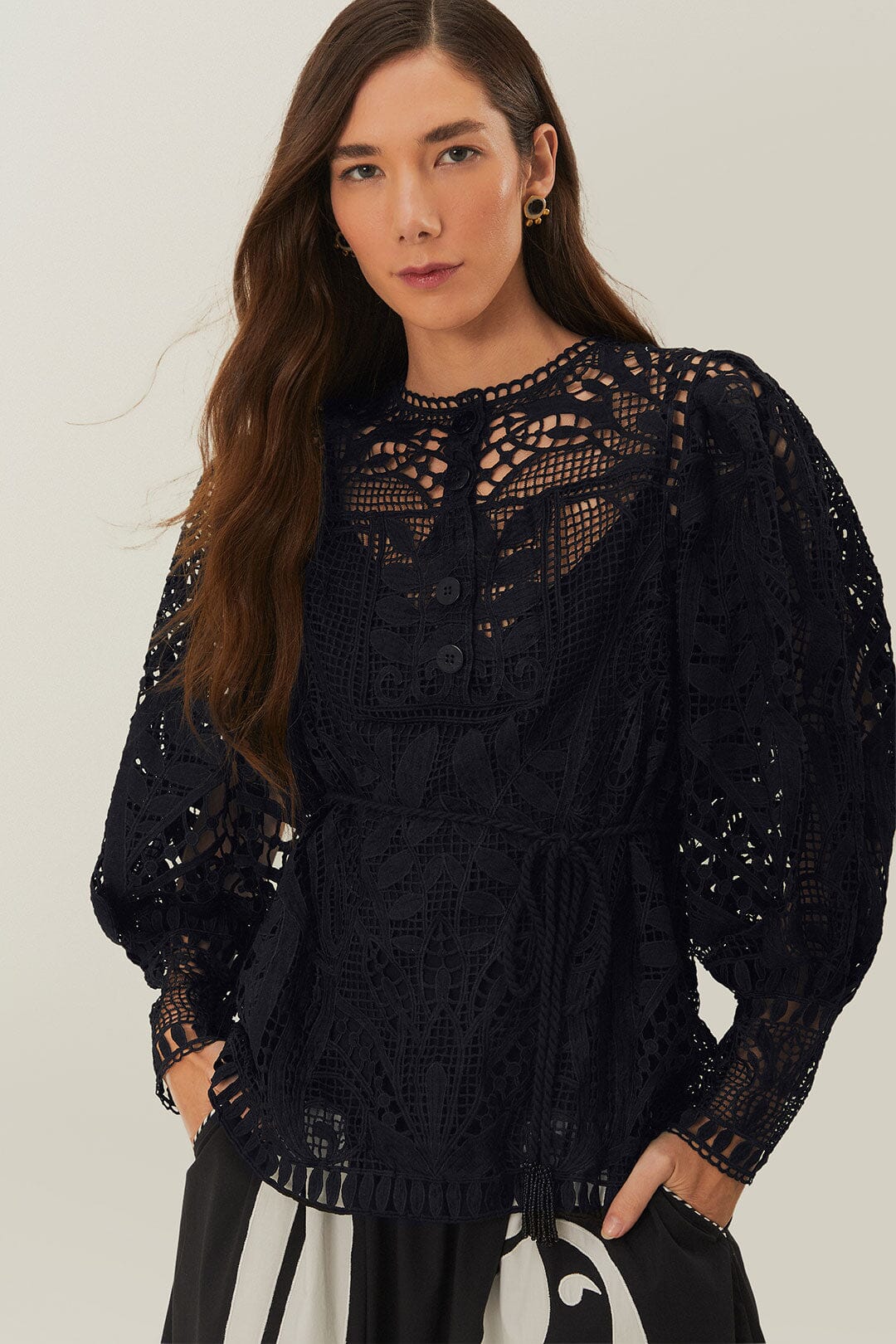FARM Rio Black Guipire Puff Sleeve Blouse