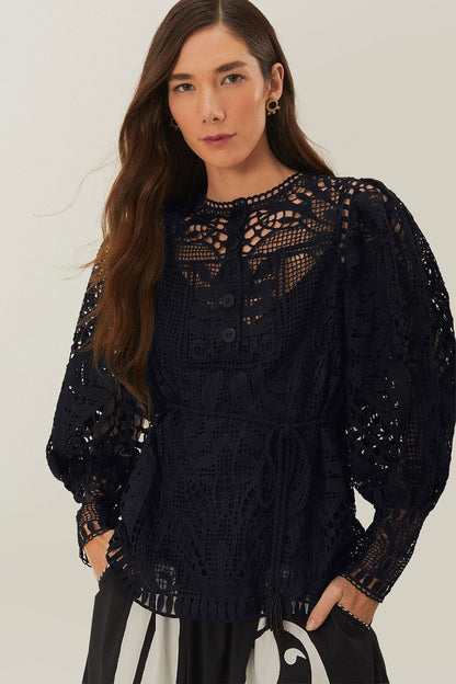 FARM Rio Black Guipire Puff Sleeve Blouse