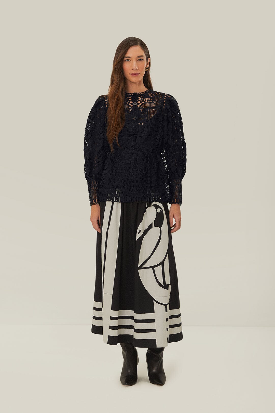 FARM Rio Black Guipire Puff Sleeve Blouse