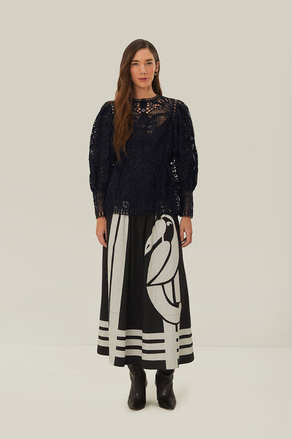 FARM Rio Black Guipire Puff Sleeve Blouse