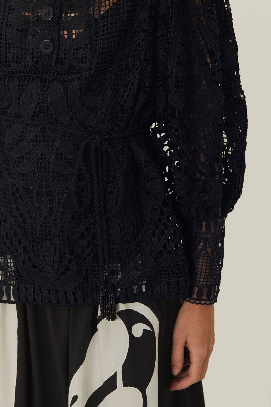 FARM Rio Black Guipire Puff Sleeve Blouse