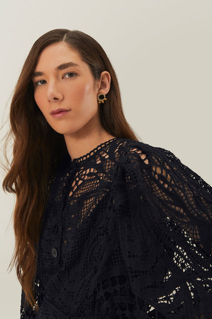 FARM Rio Black Guipire Puff Sleeve Blouse