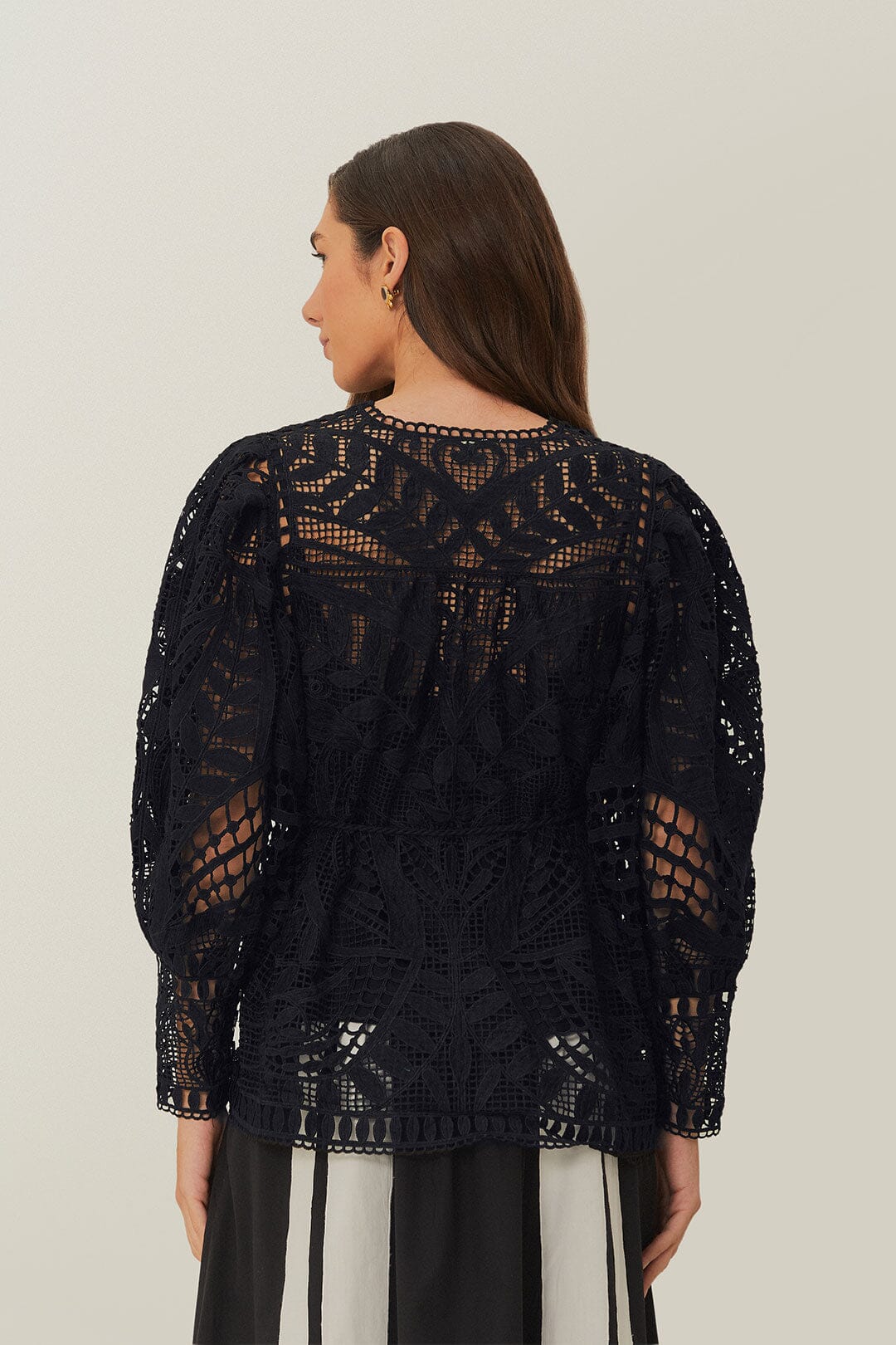 FARM Rio Black Guipire Puff Sleeve Blouse
