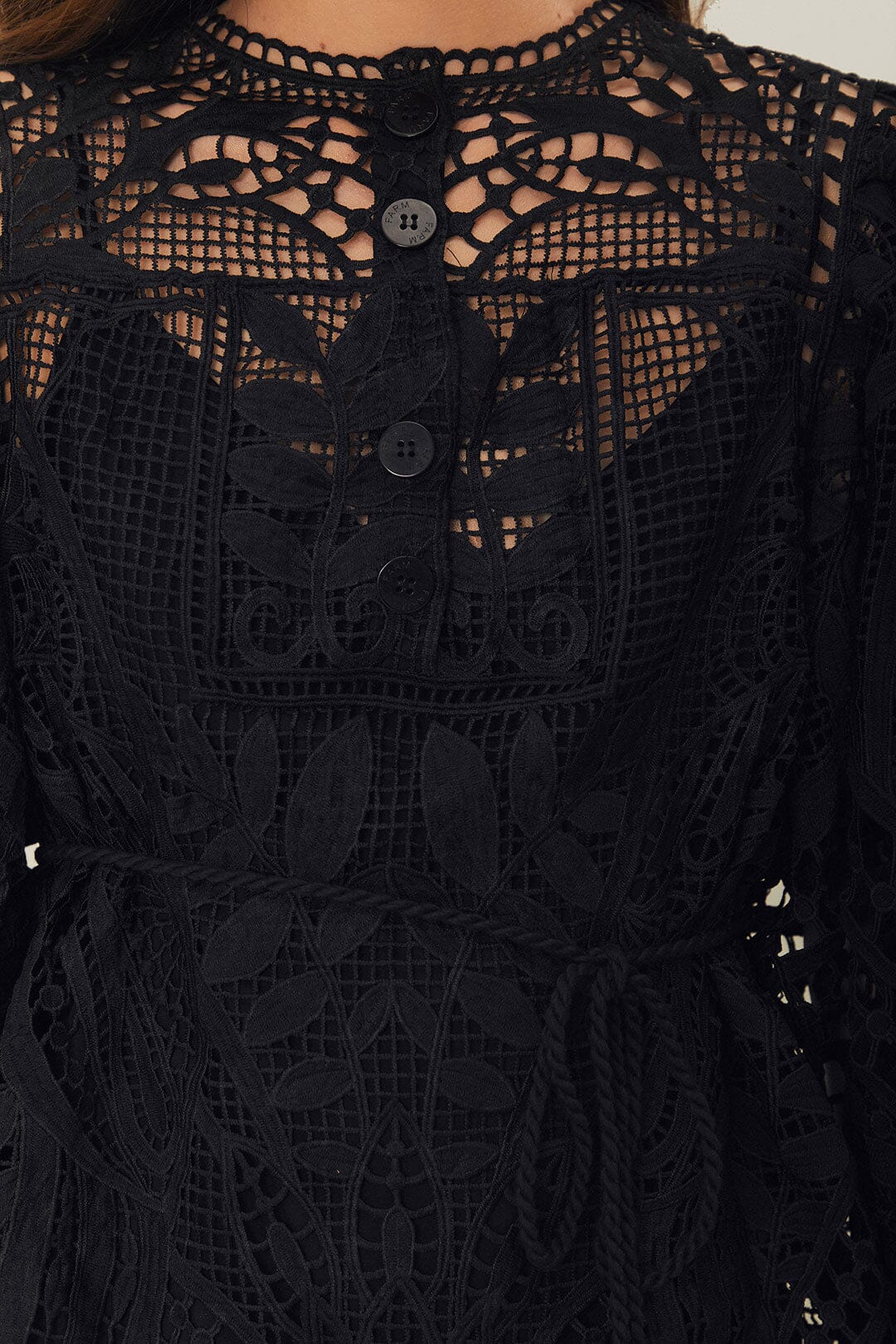 FARM Rio Black Guipire Puff Sleeve Blouse