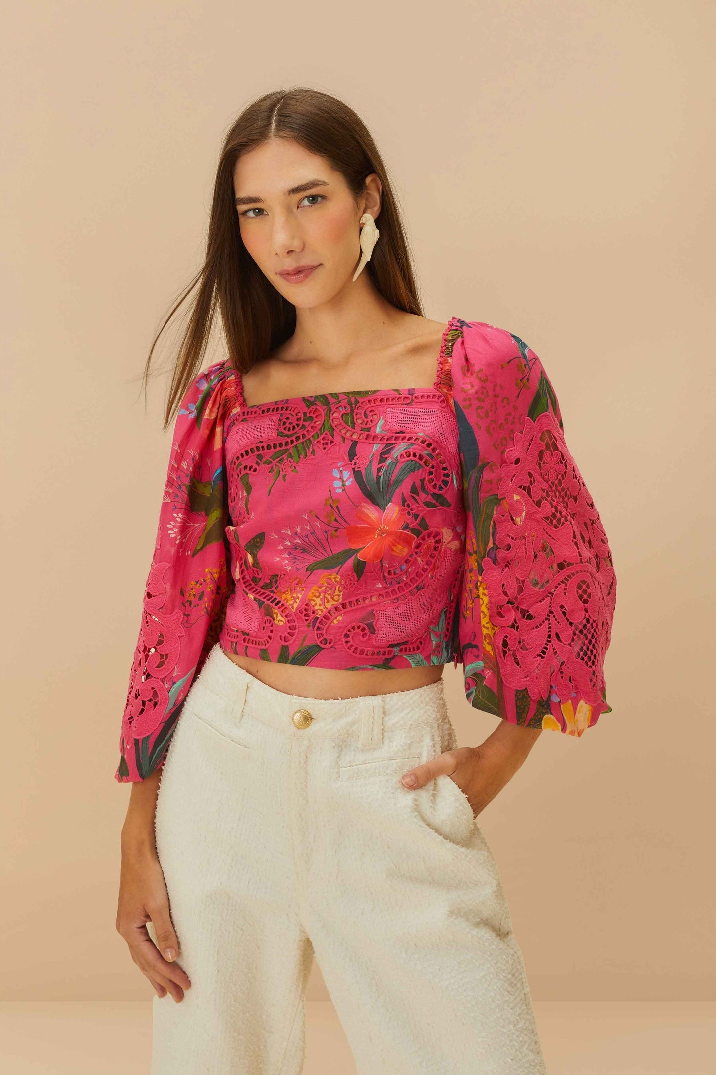FARM Rio Pink Leopard Flowers Lace Blouse