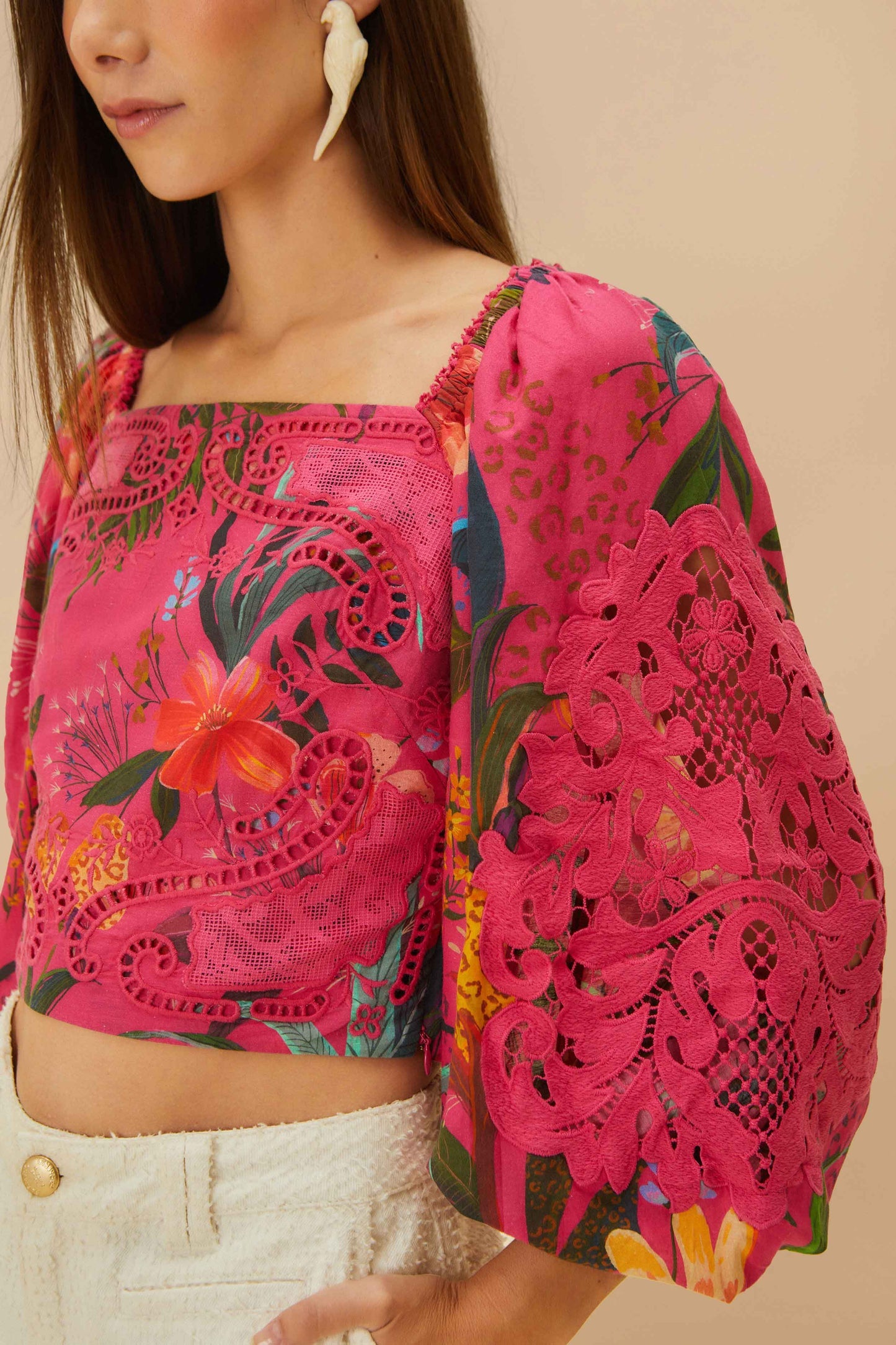 FARM Rio Pink Leopard Flowers Lace Blouse