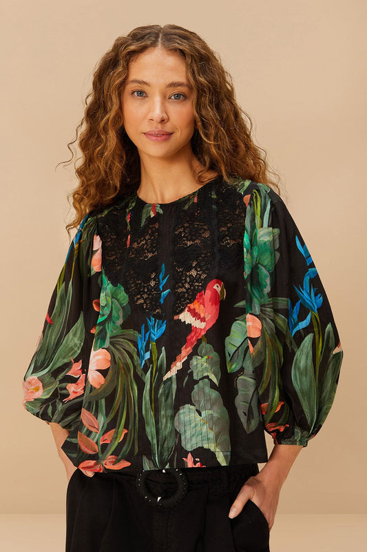 FARM Rio Midnight Macaw Fiesta Black Blouse