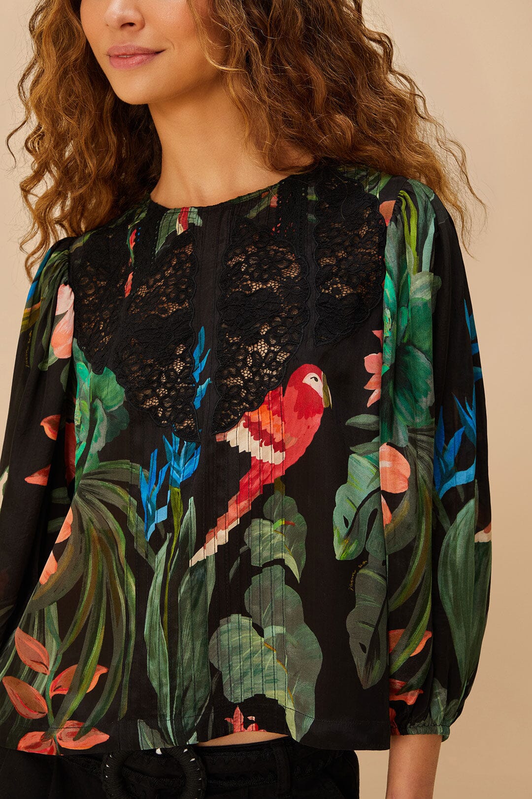 FARM Rio Midnight Macaw Fiesta Black Blouse