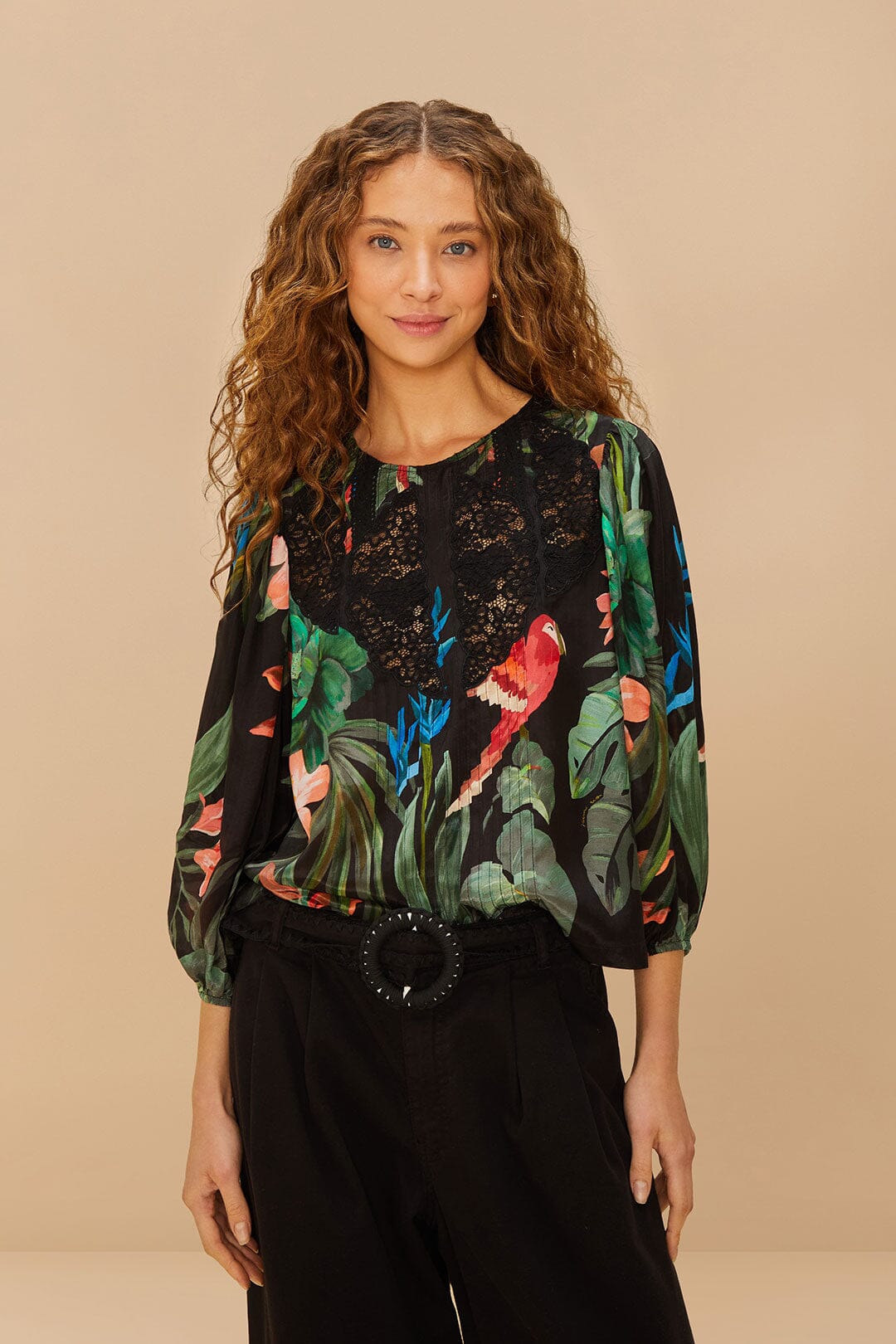 FARM Rio Midnight Macaw Fiesta Black Blouse