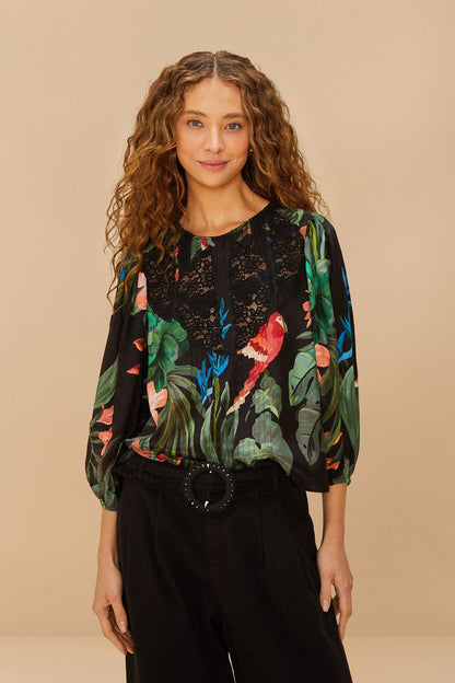 FARM Rio Midnight Macaw Fiesta Black Blouse