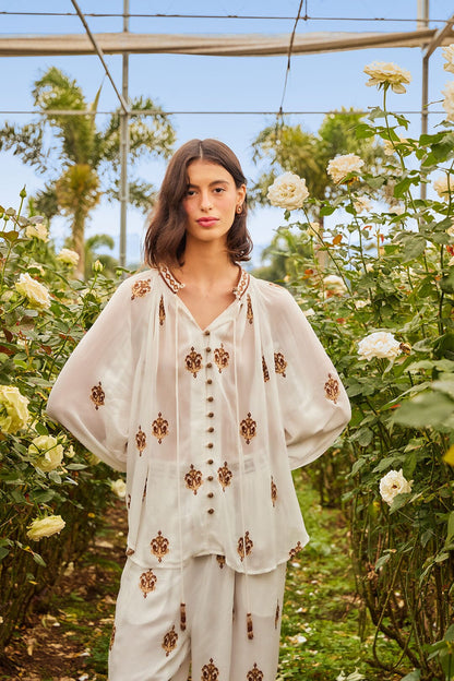 FARM Rio Off-White Anchor Tapestry Embroidered Long Sleeve Blouse